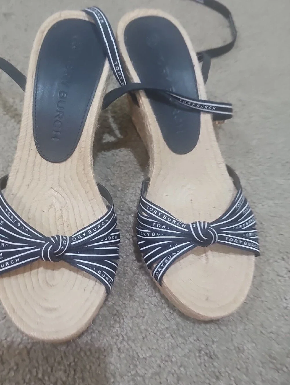 Tory Burch Logo Ribbon Espadrille Wedge Sandals
